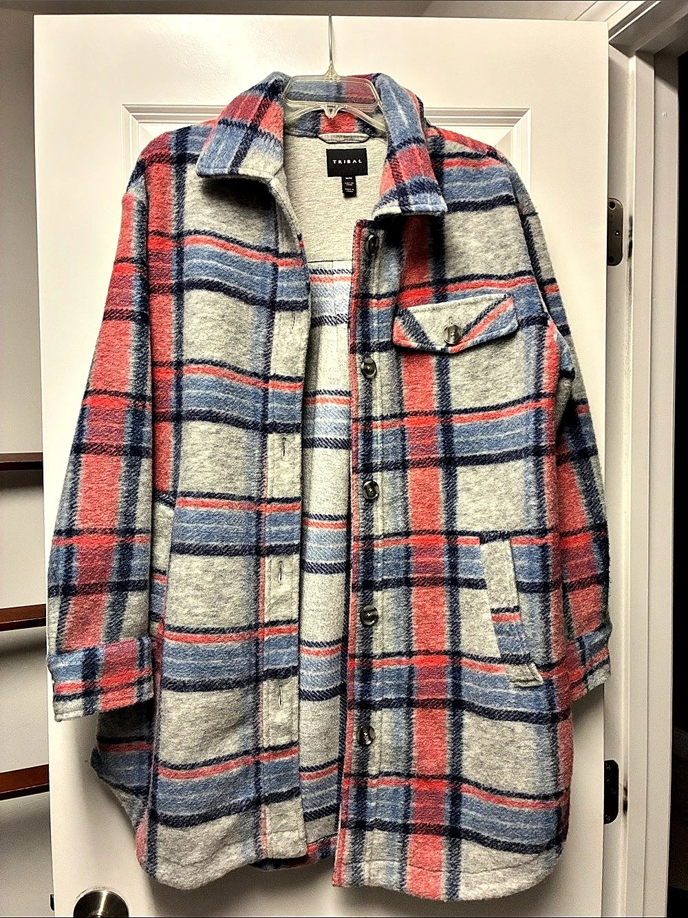 Tribal Long Knit Shacket Plaid Jacket Gray & Pink Size Medium